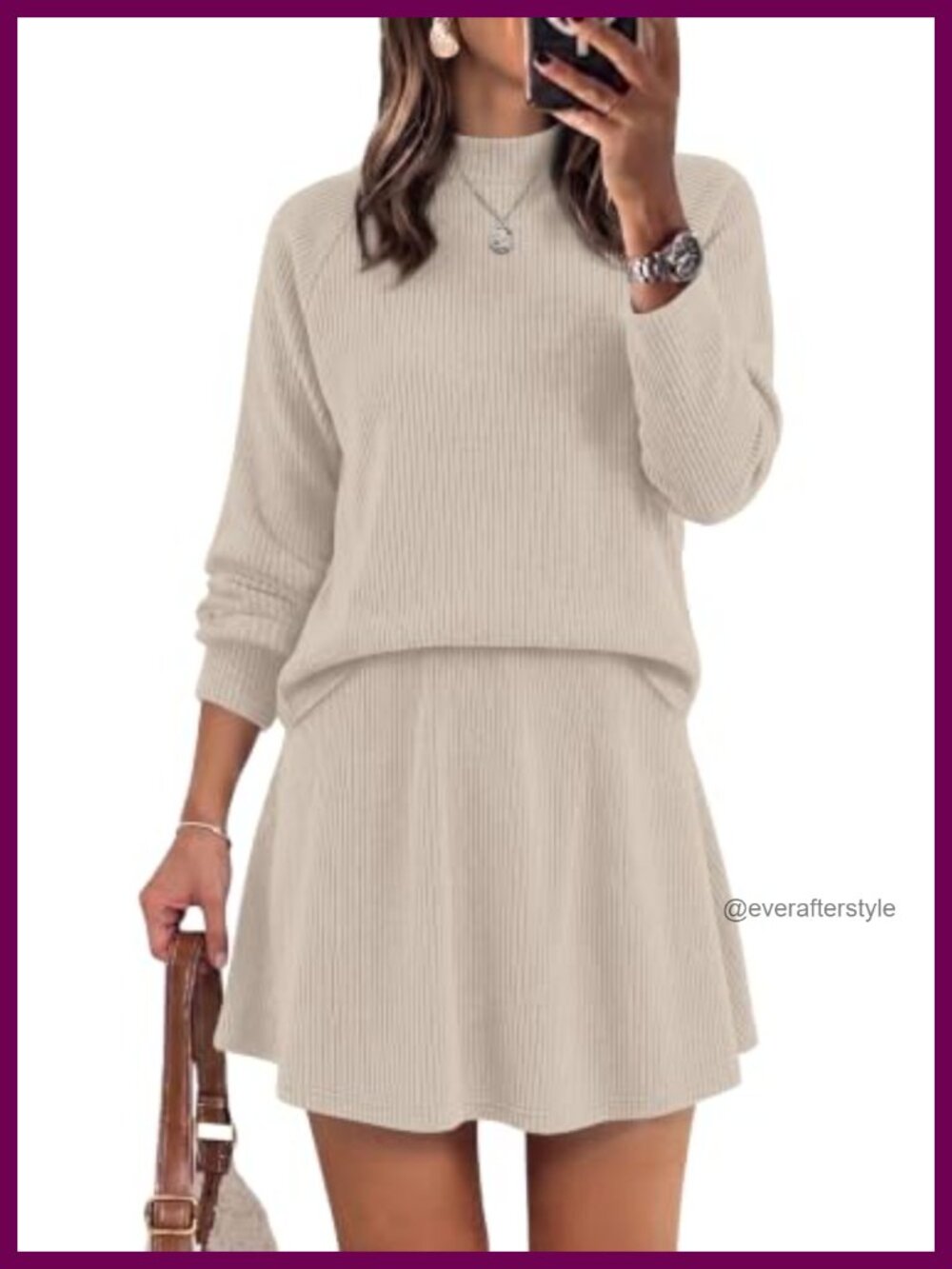 Women 2 Piece Sweater Set Mock Neck Top Mini A-Line Skirt Lightweight